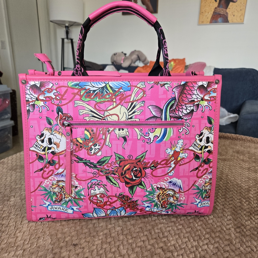Ed Hardy Tote Bag Pink Straw Love Kills Slowly Skull NWT Strap Y2K Tattoo - Picture 4 of 15